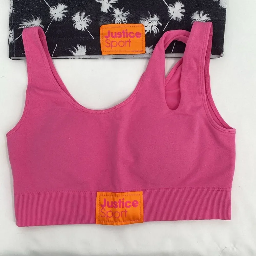 Justice oh so soft 34 Sports Bra Training Black Palm Print Pink